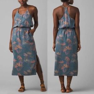 NWT Prana Blue Washed Leaves Denim Chambray Sky Haven Dress Spaghetti Straps